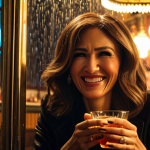 **Vertin gazing wistfully at Melania in a dimly lit, Art Deco-style speakeasy. Rain streaks down the window, reflecting the neon lights of Istanbul outside. Melania is laughing, a glass of Turkish tea in hand, seemingly oblivious to Vertin's intense stare. Emphasize Vertin's hidden emotions and the subtle tension between them.**