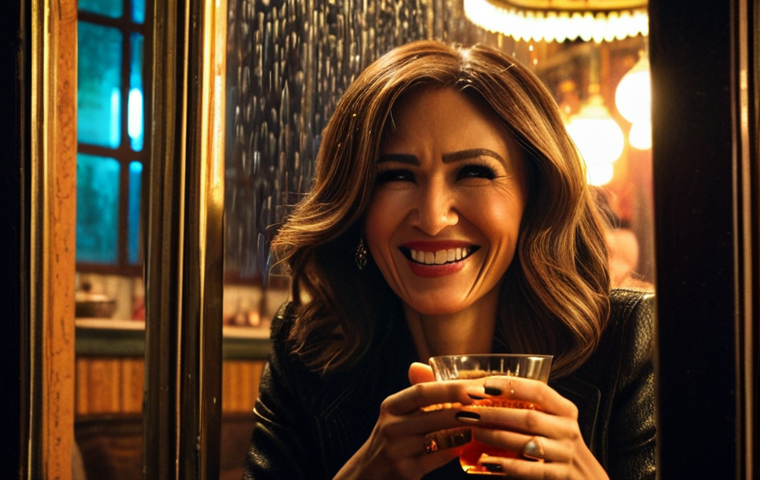 **Vertin gazing wistfully at Melania in a dimly lit, Art Deco-style speakeasy. Rain streaks down the window, reflecting the neon lights of Istanbul outside. Melania is laughing, a glass of Turkish tea in hand, seemingly oblivious to Vertin's intense stare. Emphasize Vertin's hidden emotions and the subtle tension between them.**