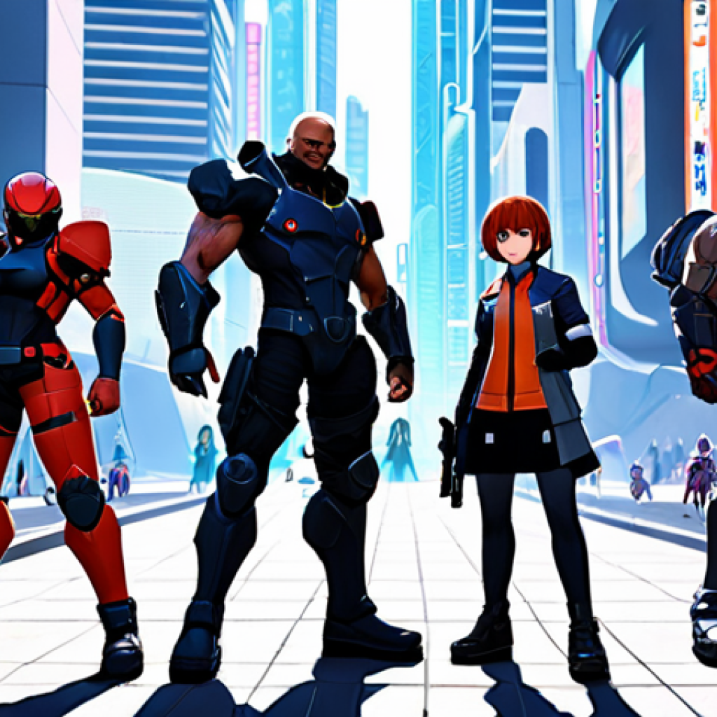 ** A diverse team of anime-style characters, each with unique weapons and abilities, standing ready for battle in a stylized, futuristic cityscape. The overall feel should be vibrant and action-packed, reminiscent of popular mobile gacha games.

**