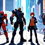 ** A diverse team of anime-style characters, each with unique weapons and abilities, standing ready for battle in a stylized, futuristic cityscape. The overall feel should be vibrant and action-packed, reminiscent of popular mobile gacha games.

**