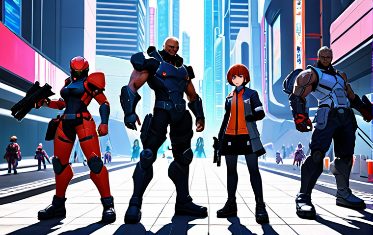 ** A diverse team of anime-style characters, each with unique weapons and abilities, standing ready for battle in a stylized, futuristic cityscape. The overall feel should be vibrant and action-packed, reminiscent of popular mobile gacha games.
**