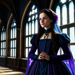 A mysterious young woman, designed in the enchanting retro-gothic style of 'Reverse: 1999'. She wears a modest, elegant Victorian-inspired dress in deep, dark tones, with subtle accents of pale mystic blue and touches of vibrant, shimmering purple in her accessories. Her long hair is styled in a classic, elaborate manner. She is fully clothed, modest clothing, appropriate attire. She stands in a dimly lit, atmospheric room with large arched windows, dramatic shafts of light piercing through the shadows, creating a painterly effect. The background suggests an ancient, mystical library with tall bookshelves. Professional character design, intricate details, perfect anatomy, correct proportions, natural pose, well-formed hands, proper finger count, digital painting, high resolution, artistic masterpiece, safe for work, appropriate content, family-friendly.