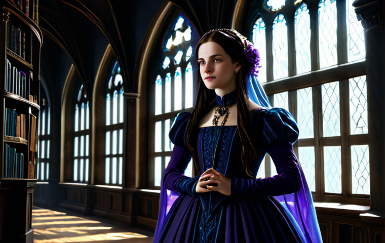 A mysterious young woman, designed in the enchanting retro-gothic style of 'Reverse: 1999'. She wears a modest, elegant Victorian-inspired dress in deep, dark tones, with subtle accents of pale mystic blue and touches of vibrant, shimmering purple in her accessories. Her long hair is styled in a classic, elaborate manner. She is fully clothed, modest clothing, appropriate attire. She stands in a dimly lit, atmospheric room with large arched windows, dramatic shafts of light piercing through the shadows, creating a painterly effect. The background suggests an ancient, mystical library with tall bookshelves. Professional character design, intricate details, perfect anatomy, correct proportions, natural pose, well-formed hands, proper finger count, digital painting, high resolution, artistic masterpiece, safe for work, appropriate content, family-friendly.