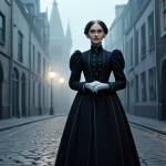 A confident woman in a modest, professional attire blending Victorian-era fashion with subtle retro-futuristic elements, standing on a softly lit, foggy cobblestone street. Gothic architecture rises in the background, with faint glowing futuristic lights in the distance, creating a mystical atmosphere. The scene has the aesthetic of a detailed hand-drawn animated film. Perfect anatomy, natural pose, correct proportions, well-formed hands, proper finger count, natural body proportions, professional photography, high quality, safe for work, appropriate content, fully clothed, modest clothing, family-friendly.