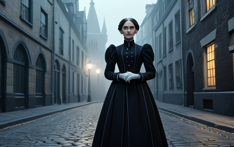 A confident woman in a modest, professional attire blending Victorian-era fashion with subtle retro-futuristic elements, standing on a softly lit, foggy cobblestone street. Gothic architecture rises in the background, with faint glowing futuristic lights in the distance, creating a mystical atmosphere. The scene has the aesthetic of a detailed hand-drawn animated film. Perfect anatomy, natural pose, correct proportions, well-formed hands, proper finger count, natural body proportions, professional photography, high quality, safe for work, appropriate content, fully clothed, modest clothing, family-friendly.