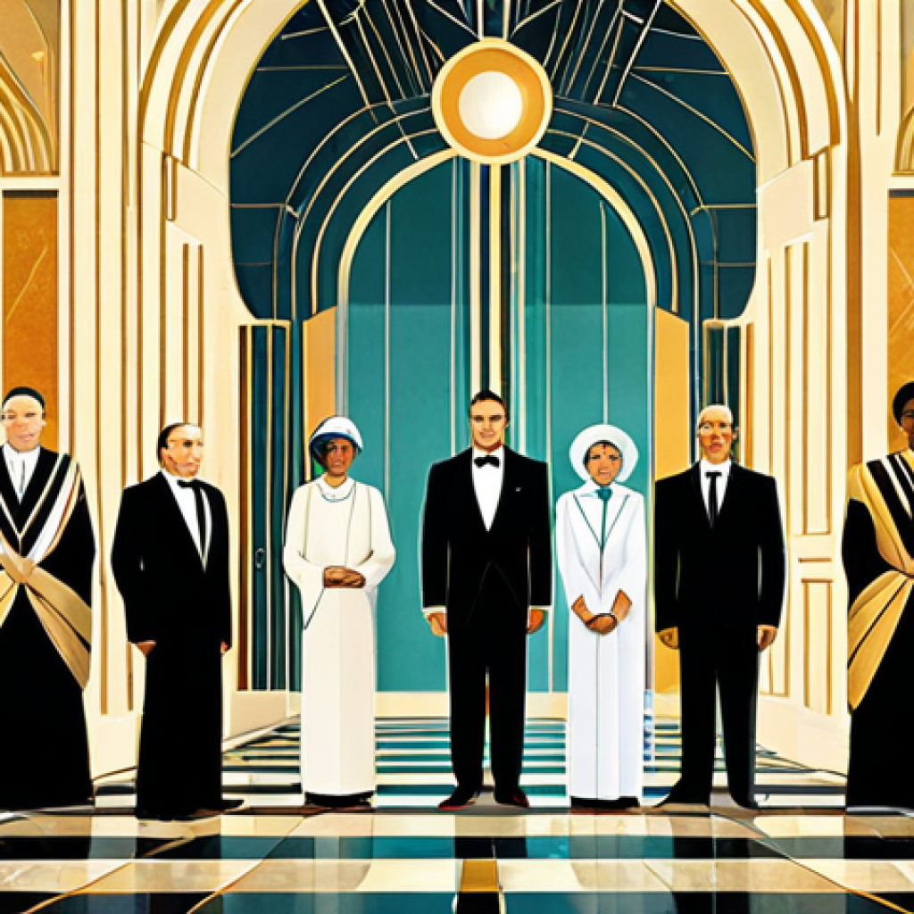 Balanced Team - Art Deco Style**

"A diverse team of heroes in the style of Art Deco posters, fully clothed in professional attire, standing united in a grand hall. A confident woman leads the group, flanked by a stoic protector and a supportive healer. Environment: Intricate geometric patterns and golden accents. Style: Art Deco illustration, vibrant colors, dynamic composition, safe for work, appropriate content, family-friendly, perfect anatomy, correct proportions, natural pose, professional, modest, well-formed hands, proper finger count, natural body proportions."

**