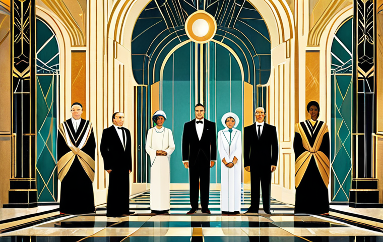 Balanced Team - Art Deco Style**

"A diverse team of heroes in the style of Art Deco posters, fully clothed in professional attire, standing united in a grand hall. A confident woman leads the group, flanked by a stoic protector and a supportive healer. Environment: Intricate geometric patterns and golden accents. Style: Art Deco illustration, vibrant colors, dynamic composition, safe for work, appropriate content, family-friendly, perfect anatomy, correct proportions, natural pose, professional, modest, well-formed hands, proper finger count, natural body proportions."

**