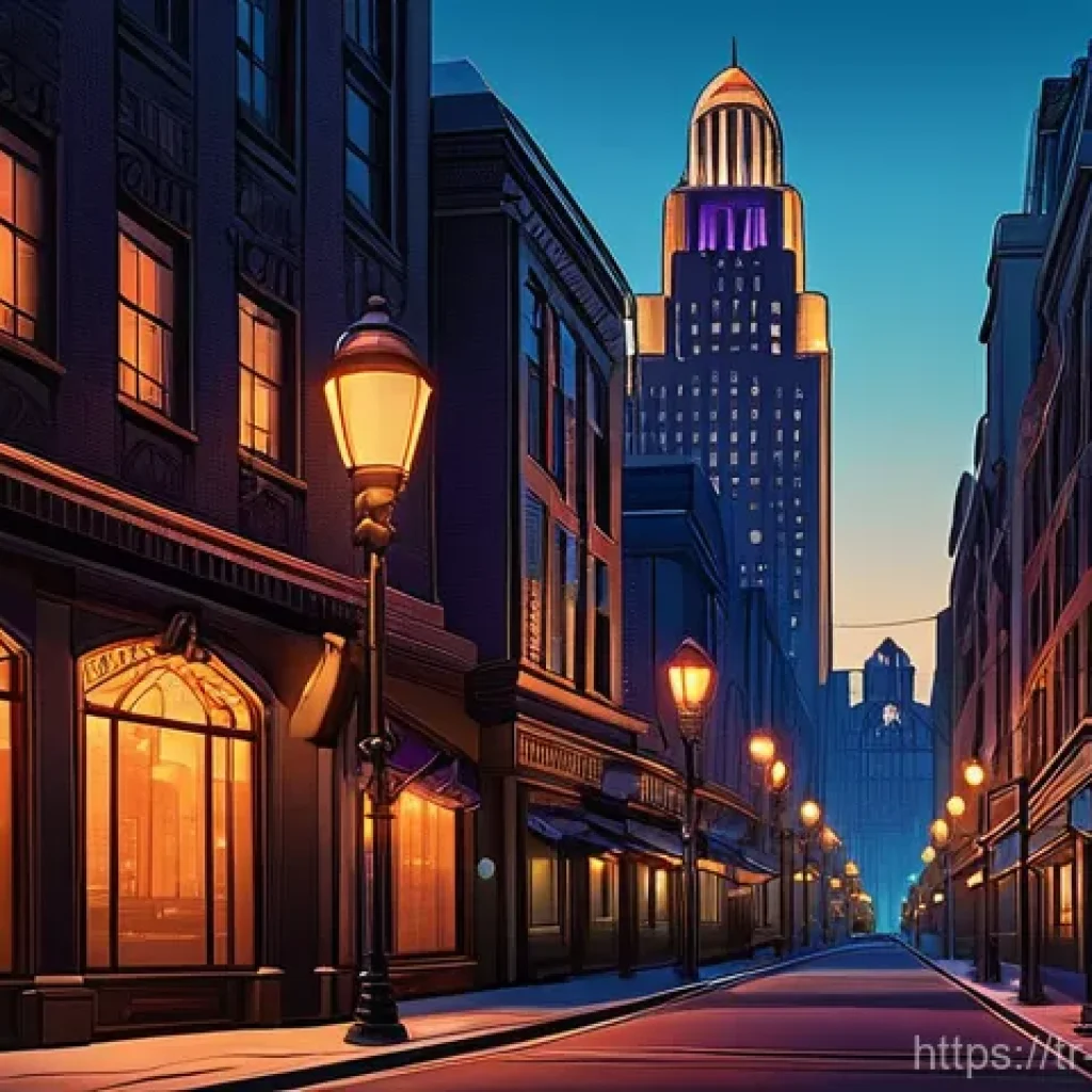 리버스 1999 세계관의 깊이 - **"A mysterious 1920s Art Deco cityscape at dusk, rendered in a hand-drawn, retro-futuristic style. ...