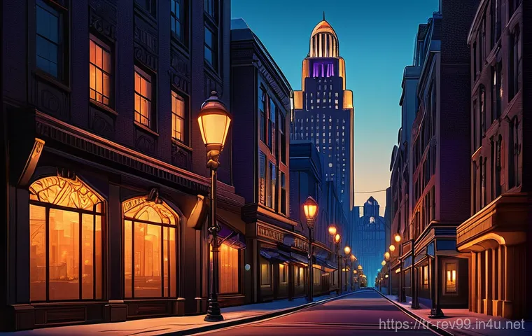 리버스 1999 세계관의 깊이 - **"A mysterious 1920s Art Deco cityscape at dusk, rendered in a hand-drawn, retro-futuristic style. ...