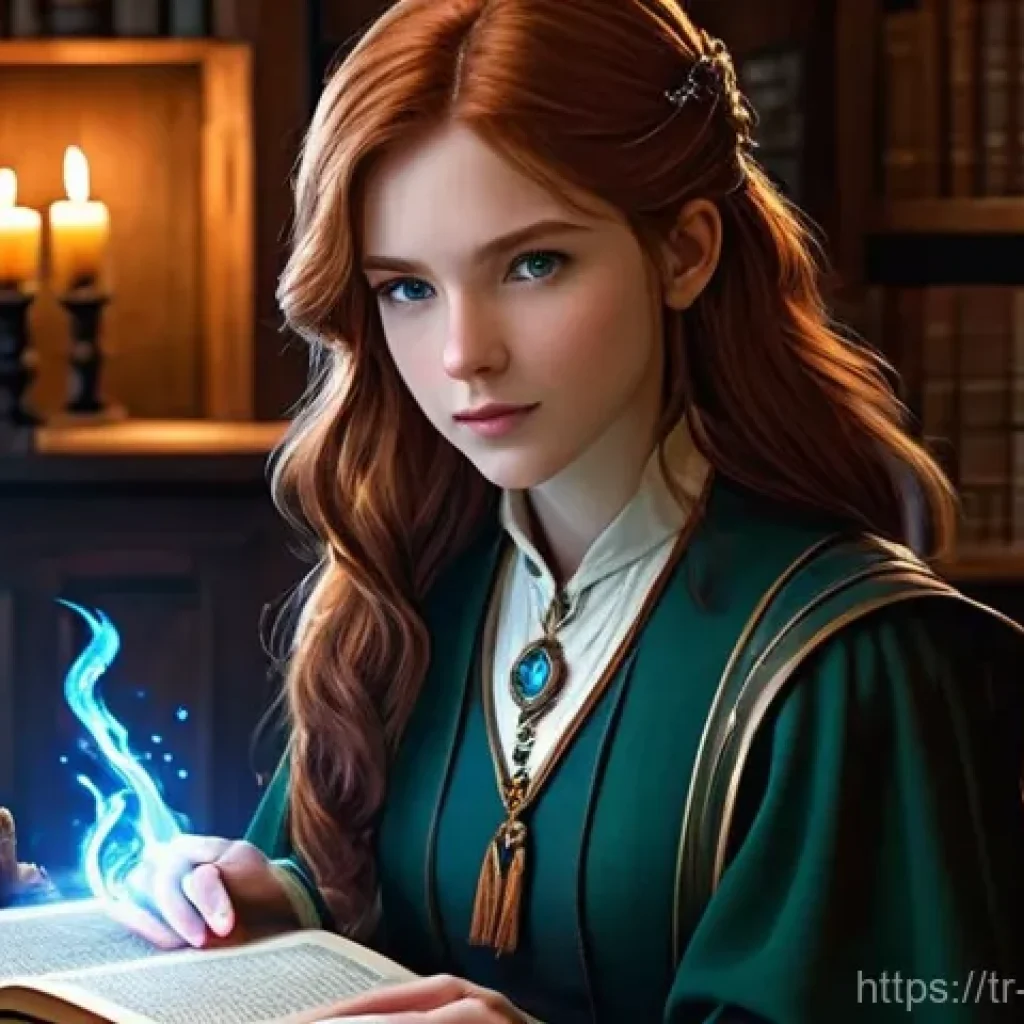 리버스 1999 RPG 용어 사전 - A young, determined female sorceress, approximately 18 years old, with flowing auburn hair and brigh...