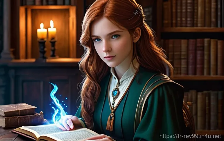 리버스 1999 RPG 용어 사전 - A young, determined female sorceress, approximately 18 years old, with flowing auburn hair and brigh...