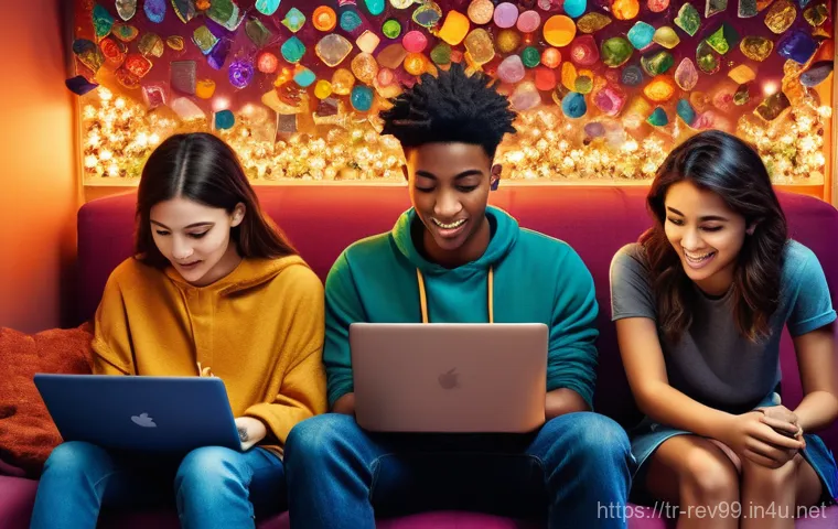 리버스 1999 공식 페이스북 이벤트 - **"Social Media Treasure Trove"**
    A vibrant, dynamic illustration depicting a diverse group of y...