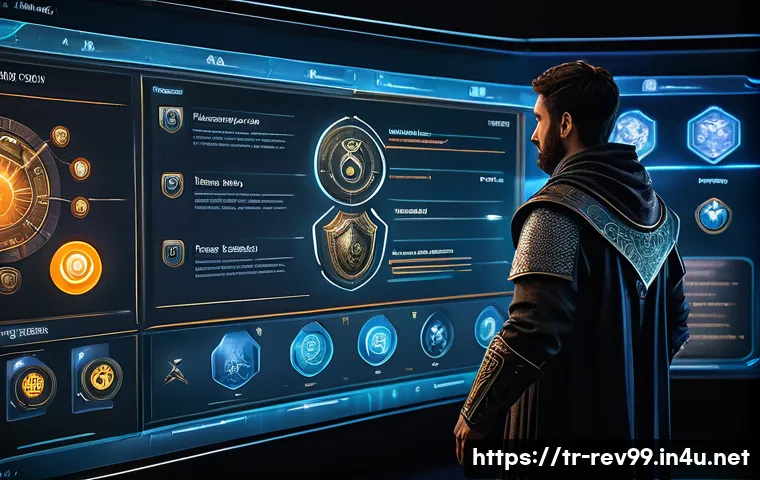 리버스 1999 캐릭터 육성 팁 - A detailed fantasy RPG character skill tree interface displayed on a high-tech holographic screen, s...