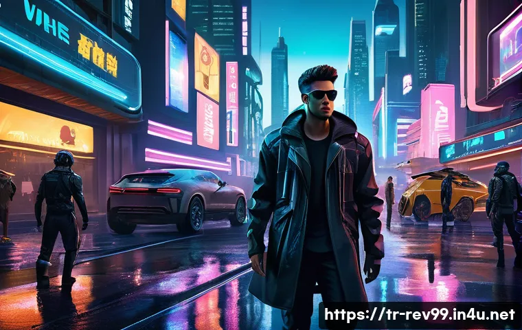 리버스 1999 베타 테스트 피드백 - A dynamic, futuristic cityscape at dusk with neon lights reflecting off wet streets, showcasing dive...