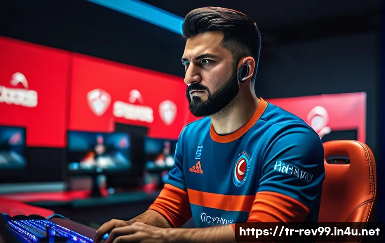 리버스 1999 고급 유저 필수 정보 - A dynamic esports gaming scene featuring a professional Turkish player intensely focused on a high-s...