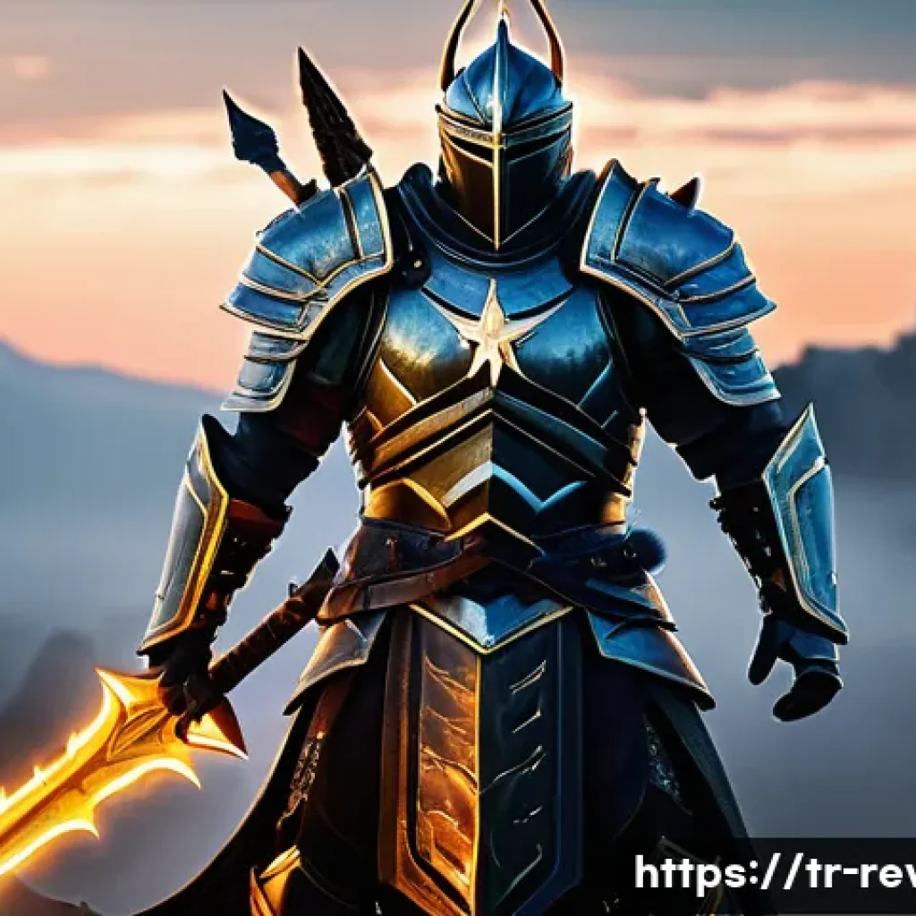 리버스 1999 4성 장비 활용법 - A dynamic fantasy warrior clad in intricately detailed 4-star armor set, combining heavy, durable pl...