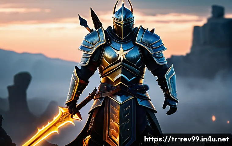 리버스 1999 4성 장비 활용법 - A dynamic fantasy warrior clad in intricately detailed 4-star armor set, combining heavy, durable pl...