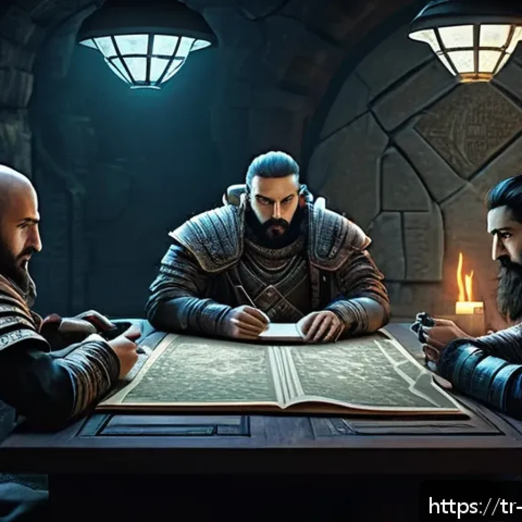 리버스 1999 공식 가이드북 다운로드 - A detailed fantasy strategy game scene set in a mysterious 1999-themed world, featuring a diverse gr...