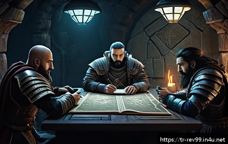 리버스 1999 공식 가이드북 다운로드 - A detailed fantasy strategy game scene set in a mysterious 1999-themed world, featuring a diverse gr...