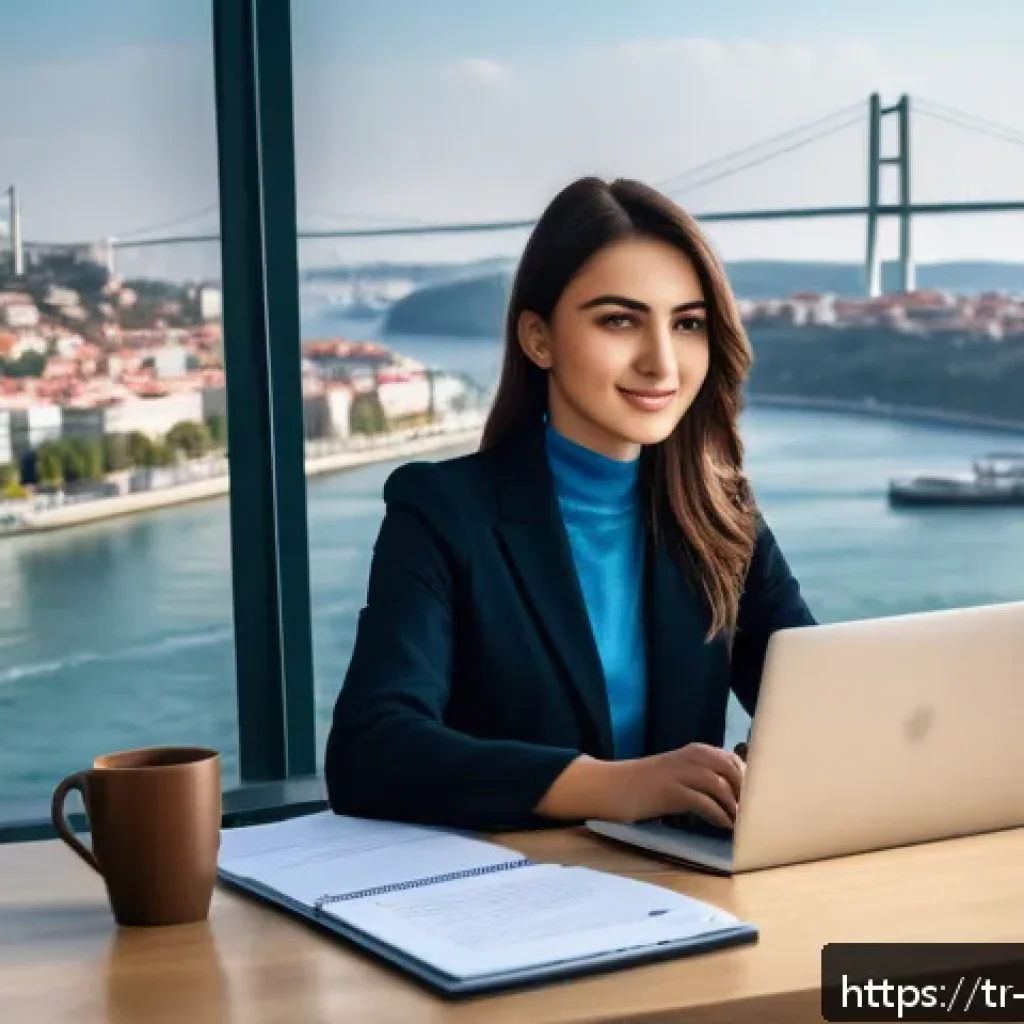 리버스 1999 효율적인 육성 공략 - A modern Turkish office scene showcasing a young professional woman sitting at a sleek desk with a l...