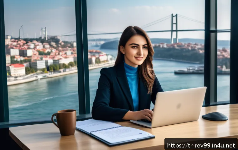 리버스 1999 효율적인 육성 공략 - A modern Turkish office scene showcasing a young professional woman sitting at a sleek desk with a l...