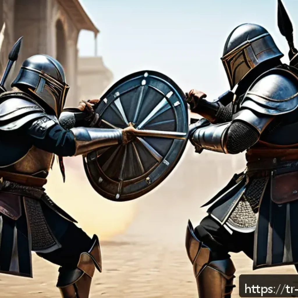 리버스 1999 최고의 PvP 빌드 - A dynamic PvP arena scene set in a small, narrow map corridor featuring two armored warriors in tact...