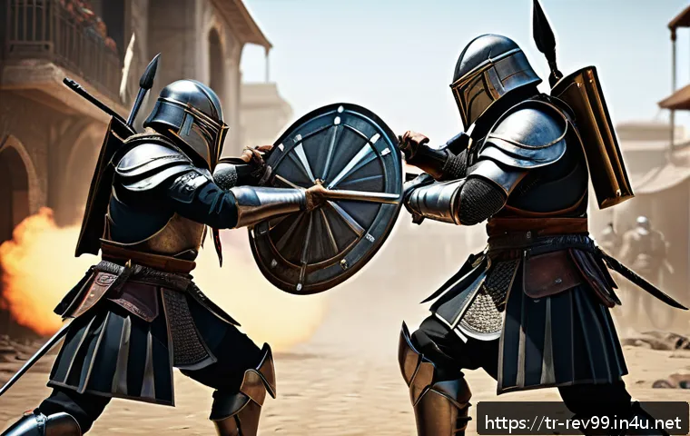 리버스 1999 최고의 PvP 빌드 - A dynamic PvP arena scene set in a small, narrow map corridor featuring two armored warriors in tact...