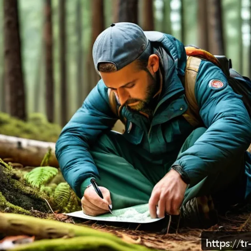 리버스 1999 초보 유저 팁 - A resilient survivalist in a dense Turkish forest setting, calmly analyzing a map and compass while ...