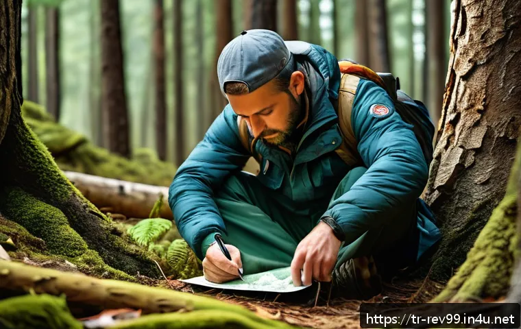 리버스 1999 초보 유저 팁 - A resilient survivalist in a dense Turkish forest setting, calmly analyzing a map and compass while ...