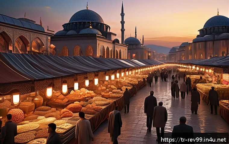 리버스 1999 게임 내 트레이딩 시스템 - A bustling futuristic marketplace scene in a Turkish-inspired sci-fi city, vibrant stalls showcasing...