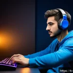 리버스 1999 데일리 팁 시리즈 - A focused young Turkish gamer sitting in a quiet, modern gaming room with ambient blue lighting and ...