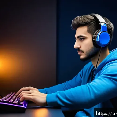 리버스 1999 데일리 팁 시리즈 - A focused young Turkish gamer sitting in a quiet, modern gaming room with ambient blue lighting and ...