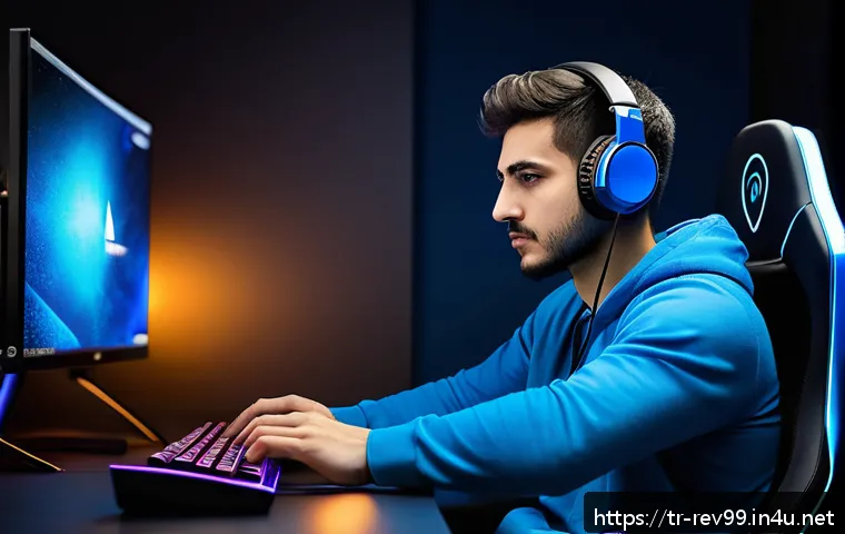 리버스 1999 데일리 팁 시리즈 - A focused young Turkish gamer sitting in a quiet, modern gaming room with ambient blue lighting and ...