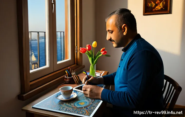 리버스 1999 최고의 팬 창작물 - Photorealistic scene of a Turkish fan artist in a bright Istanbul apartment studio, carefully painti...
