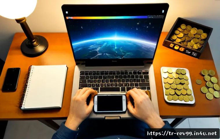 리버스 1999 아이템 드랍 확률 분석 - Photorealistic overhead view of a Turkish gamer’s tidy desk, laptop screen showing a clean fantasy g...